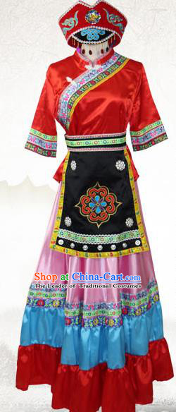 Traditional Chinese Kelao Nationality Costume, China Gelao Ethnic Minority Dance Clothing and Hats for Women