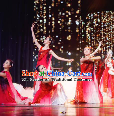 Traditional Chinese Folk Dance Costume, China Classical Dance Red Dress Clothing for Women