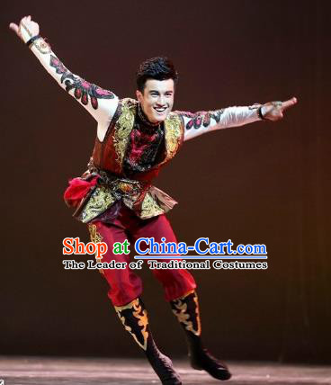 Traditional Chinese Folk Dance Embroidered Costume, China Uyghur Ethnic Minority Dance Clothing for Men