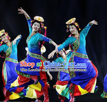 Chinese Traditional Folk Dance Classical Dance Tibetan Stage Performance Costume, China Zang Nationality Dance Clothing for Women