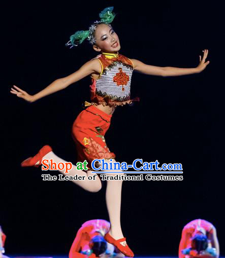 Chinese Traditional Yangge Stage Performance Green Costume, China Folk Dance Yangko Dance Clothing for Children