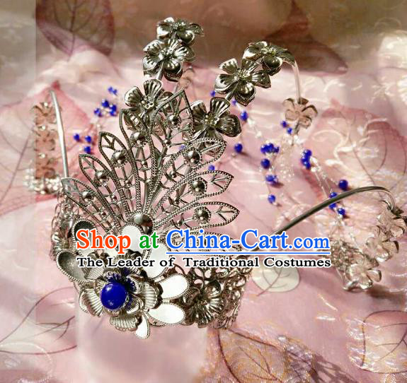 Chinese Traditional Ancient Hair Accessories Classical Blue Beads Tassel Phoenix Coronet Hanfu Hairpins for Women