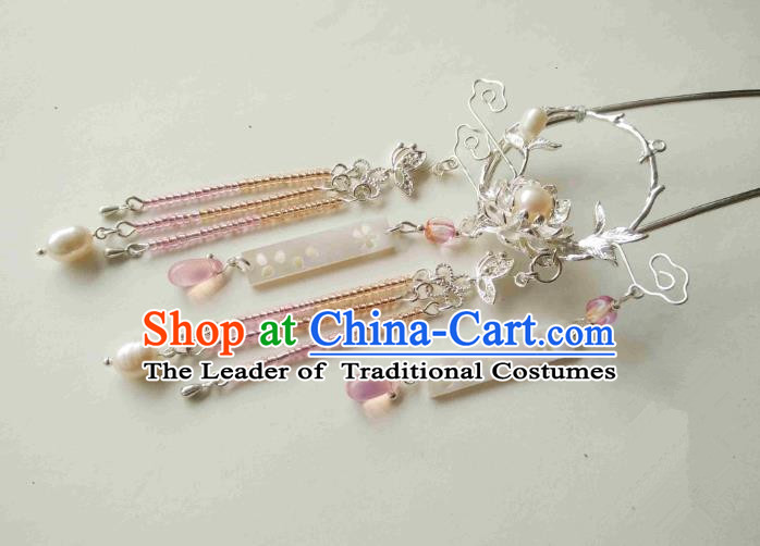 Chinese Traditional Ancient Hair Accessories Classical Pink Beads Tassel Hair Clip Hanfu Hairpins for Women