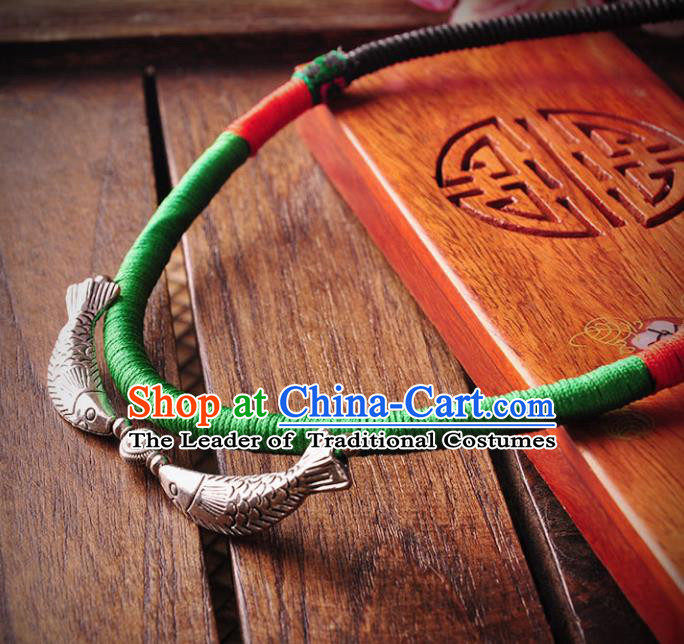 Chinese Traditional Embroidery Accessories Handmade Miao Sliver Fishes Necklace for Women