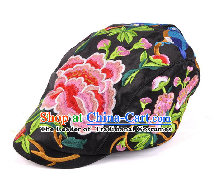 Chinese Traditional Embroidery Casquette Accessories Handmade Embroidered Peony Black Caps for Women