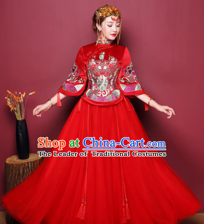 Chinese Traditional Wedding Costume Red Dress Bottom Drawer, China Ancient Bride Embroidered Xiuhe Suits for Women
