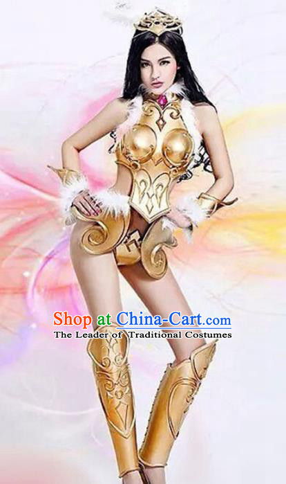 Top Grade Stage Performance Costumes Halloween Cosplay Modern Fancywork Golden Clothing and Headwear for Women