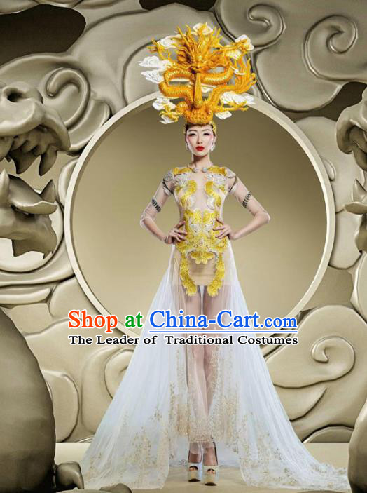 Top Grade Stage Performance Costumes China Style Modern Fancywork White Full Dress and Headwear for Women
