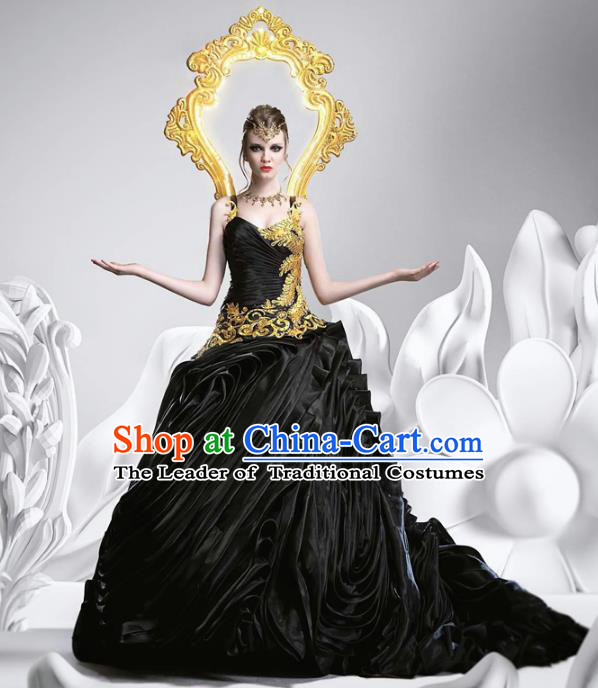 Top Grade Stage Performance Costumes Baroque Modern Fancywork Black Silk Full Dress and Headwear for Women