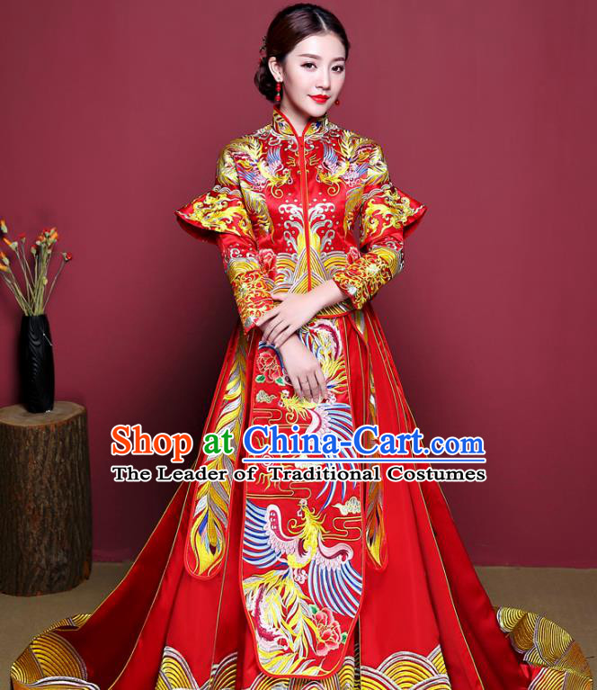 Chinese Ancient Wedding Costume Bride Delicate Embroidered Phoenix Dress, China Traditional Toast Clothing Xiuhe Suits for Women