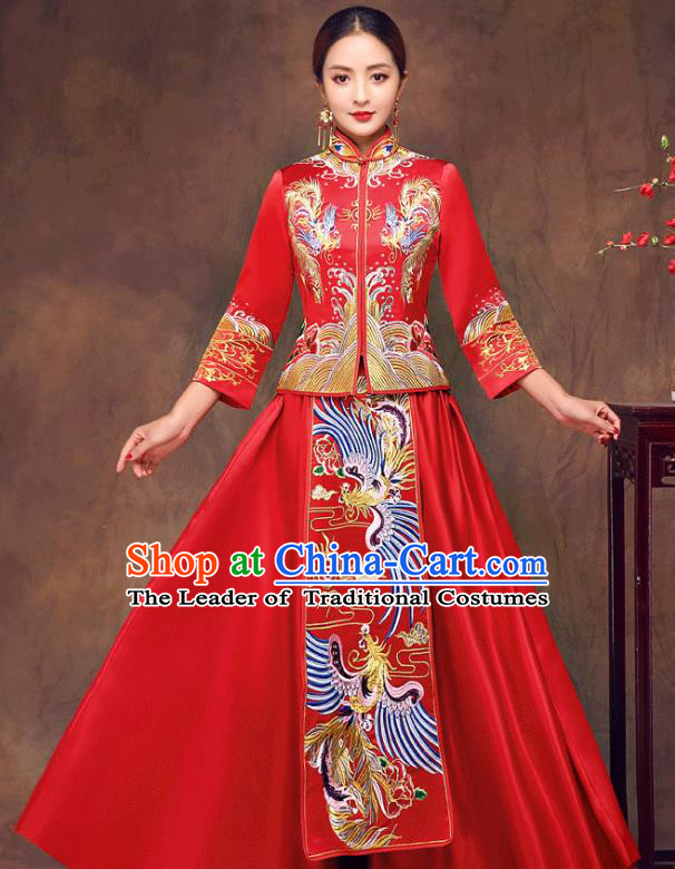 Chinese Ancient Wedding Costume Bride Toast Clothing, China Traditional Delicate Embroidered Phoenix Red Dress Xiuhe Suits for Women
