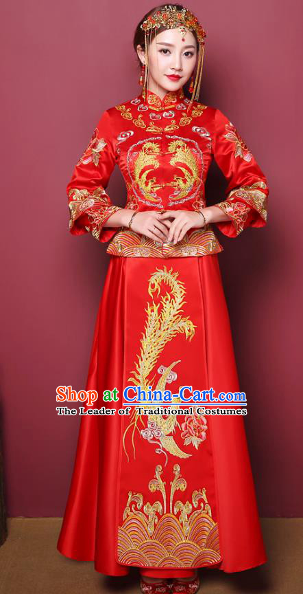 Chinese Traditional Wedding Costume, China Ancient Bride Embroidered Phoenix Xiuhe Suit Clothing for Women