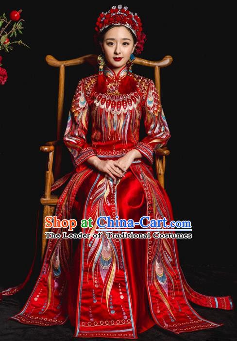 Chinese Traditional Red Xiuhe Suits Ancient Bride Embroidered Feather Bottom Drawer Wedding Costumes for Women