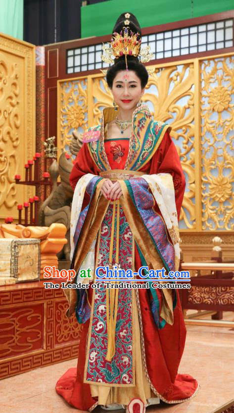 Chinese Ancient Palace Queen Hanfu Dress Tang Dynasty Empress Wang Zhen Embroidered Costumes and Headpiece Complete Set