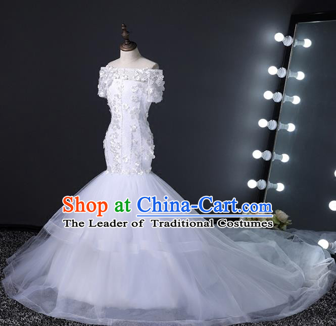 Top Grade Stage Performance Costumes Compere White Trailing Dress Modern Fancywork Full Dress for Kids