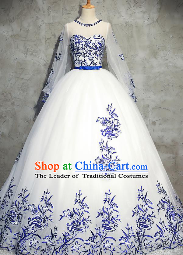 Top Grade Advanced Customization Embroidered Evening Dress White Veil Wedding Dress Compere Bridal Full Dress for Women