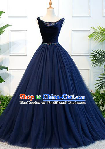 Top Grade Wedding Costume Compere Evening Dress Advanced Customization Navy Veil Dress Bridal Full Dress for Women