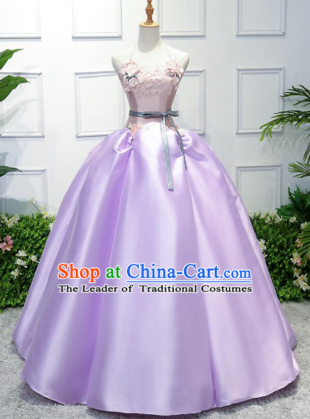 Top Grade Wedding Costume Compere Evening Dress Purple Satin Bubble Dress Bridal Full Dress for Women