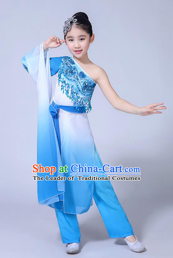 Chinese Ancient Costume Children Classical Dance Blue Dress Stage Performance Clothing for Kids