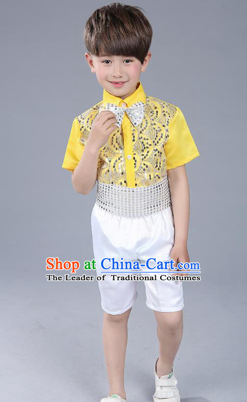 Top Grade Boys Chorus Sequins Costumes Children Compere Modern Dance Yellow Clothing for Kids