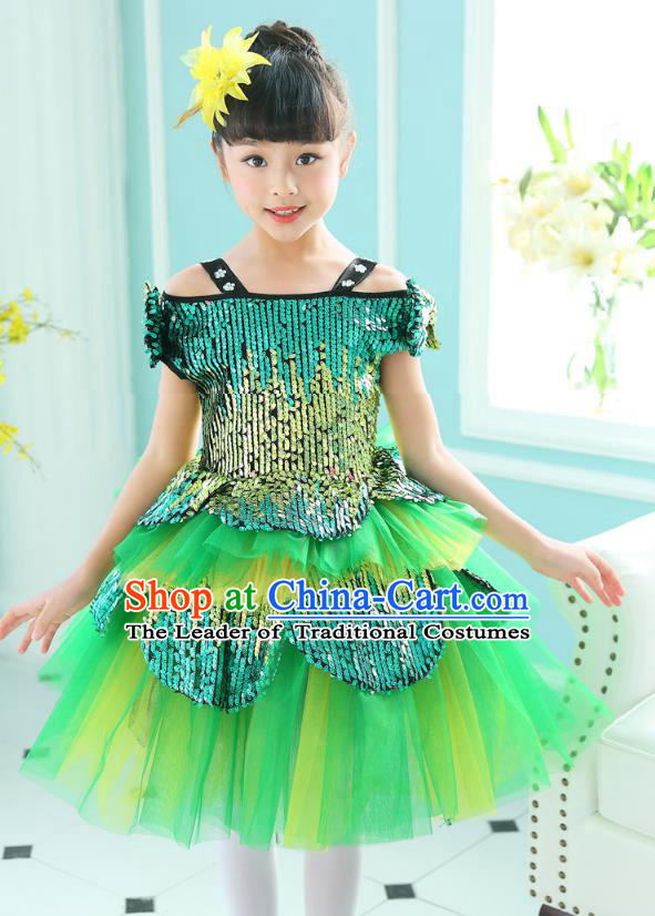 Top Grade Chorus Sequins Costumes Children Stage Performance Modern Dance Green Bubble Dress for Kids