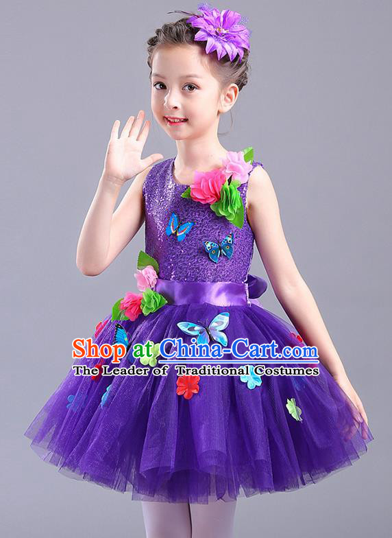 Top Grade Chorus Stage Performance Costumes Children Modern Dance Butterfly Clothing Purple Veil Bubble Dress for Kids