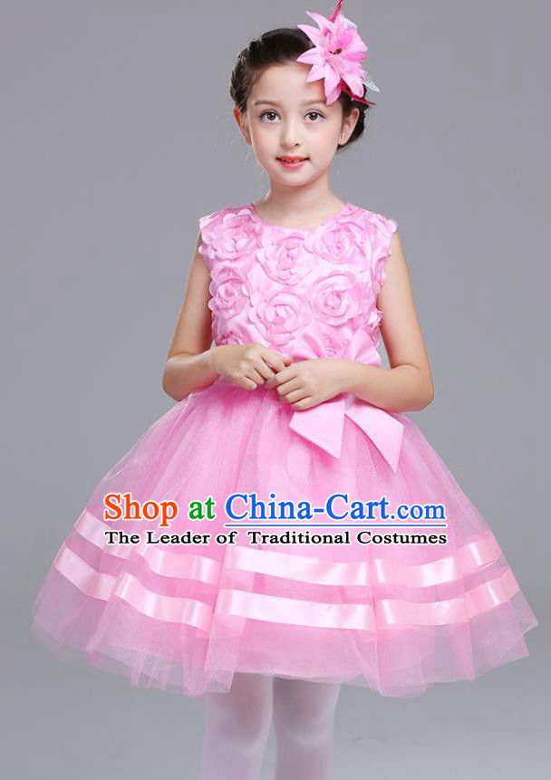 Top Grade Chorus Stage Performance Costumes Flower Fairy Pink Rose Bubble Dress Children Modern Dance Clothing for Kids