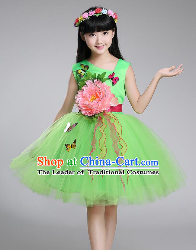 Top Grade Chorus Stage Performance Costumes Peony Flower Green Bubble Dress Children Modern Dance Clothing for Kids
