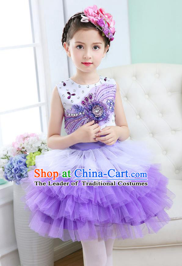 Top Grade Chorus Costumes Stage Performance Princess Crystal Purple Bubble Dress Children Modern Dance Clothing for Kids