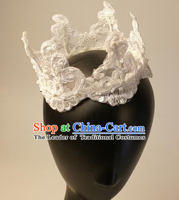 Top Grade Christmas Catwalks Hair Accessories Halloween Stage Performance White Lace Royal Crown Modern Fancywork Headwear