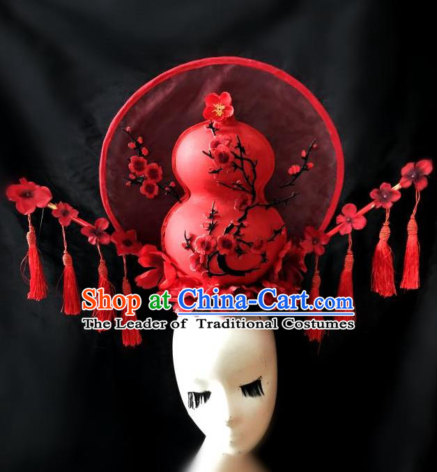 Top Grade Chinese Traditional Catwalks Hair Accessories Exaggerated Palace Pincess Red Calabash Headdress Halloween Modern Fancywork Headwear