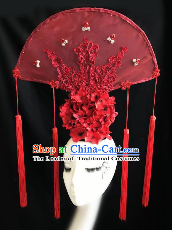 Top Grade Chinese Traditional Catwalks Hair Accessories Exaggerated Palace Pincess Red Fan Headdress Halloween Modern Fancywork Headwear