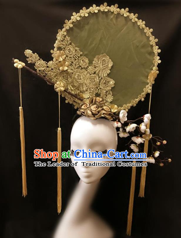 Top Grade Catwalks Tassel Hair Accessories Exaggerated Chinese Traditional Golden Lace Headdress Modern Fancywork Headwear