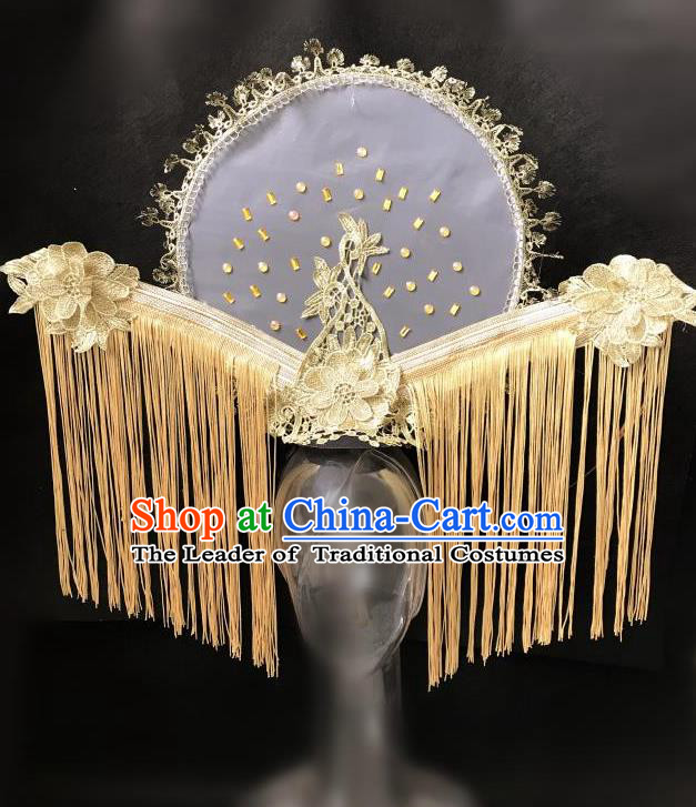 Top Grade Catwalks Golden Tassel Hair Accessories Exaggerated Chinese Traditional Headdress Modern Fancywork Headwear