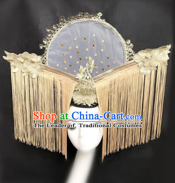 Top Grade Catwalks Golden Hair Accessories Exaggerated Chinese Traditional Headdress Modern Fancywork Headwear