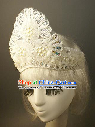 Top Grade Catwalks Hair Accessories White Lace Pearls Royal Crown Halloween Modern Fancywork Headwear