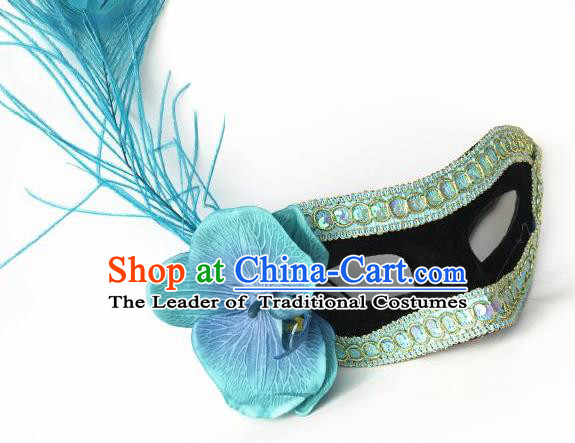 Halloween Catwalks Venice Face Mask Fancy Ball Props Accessories Christmas Exaggerated Blue Feather Masks