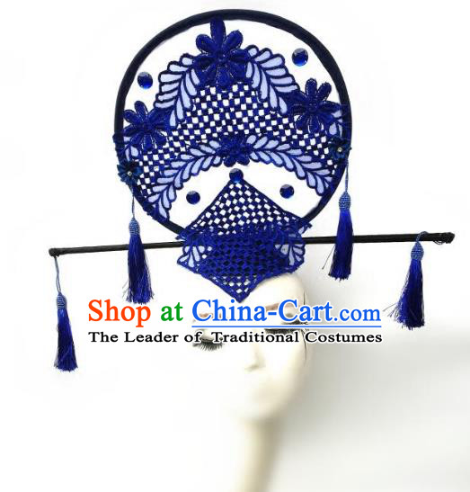 Top Grade Catwalks Hair Accessories Exaggerated Chinese Blue Lace Hair Clasp Modern Fancywork Headwear