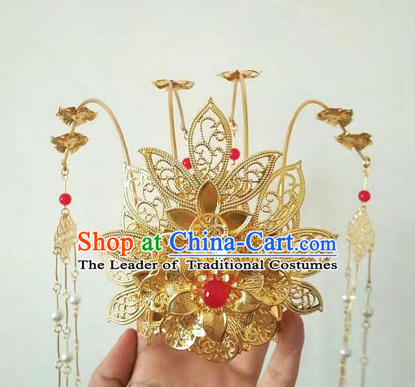 China Ancient Hair Accessories Chinese Traditional Golden Phoenix Coronet Tassel Hairpins for Women