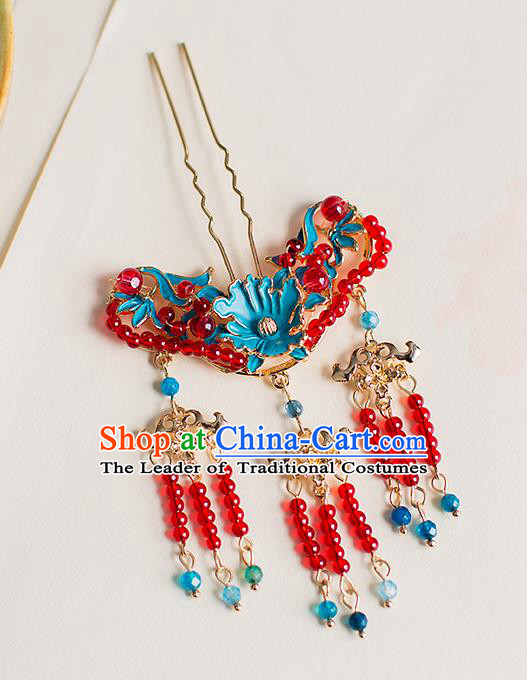 Chinese Traditional Palace Hair Accessories Xiuhe Suit Red Beads Tassel Hair Clips Ancient Hairpins for Women