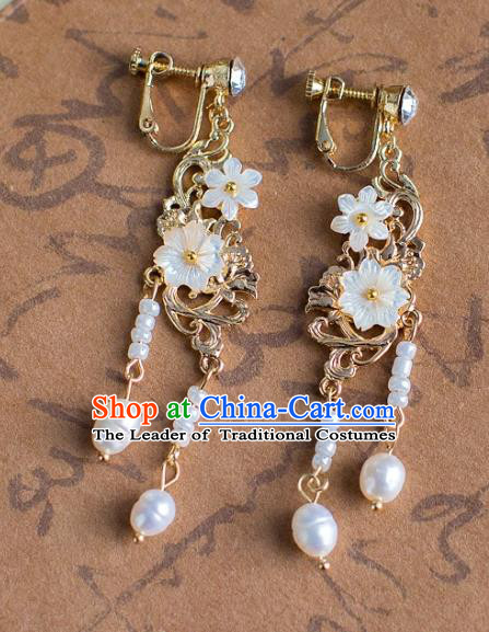 Chinese Ancient Bride Classical Accessories Earrings Wedding Jewelry Hanfu Shell Flower Tassel Eardrop for Women