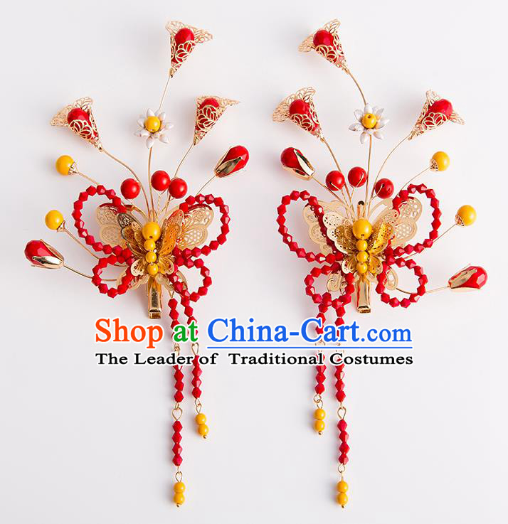 Chinese Traditional Wedding Hair Accessories Ancient Bride Red Beads Butterfly Hair Claws Hairpins Headwear for Women