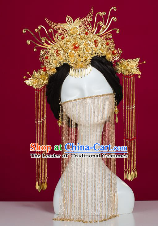 Chinese Traditional Wedding Accessories Golden Tassel Masks Headgear Xiuhe Suit Headwear for Women