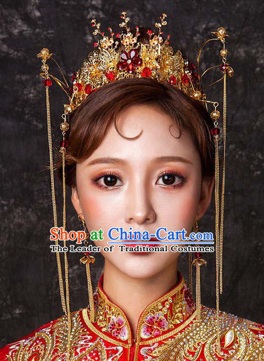 Chinese Traditional Wedding Hair Accessories Tassel Phoenix Coronet Ancient Xiuhe Suit Bride Hairpins Complete Set for Women