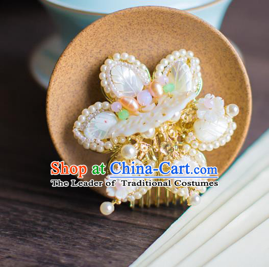 Chinese Traditional Palace Hair Accessories Jade Butterfly Hair Comb Ancient Xiuhe Suit Pearls Hairpins for Women