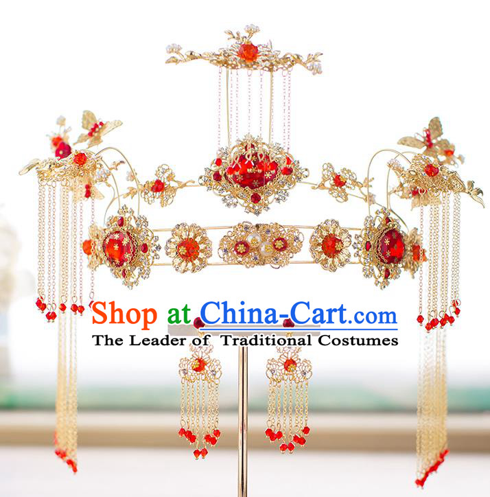 Chinese Traditional Palace Hair Accessories Phoenix Coronet Xiuhe Suit Hairpins Ancient Tassel Hair Clips Complete Set for Women