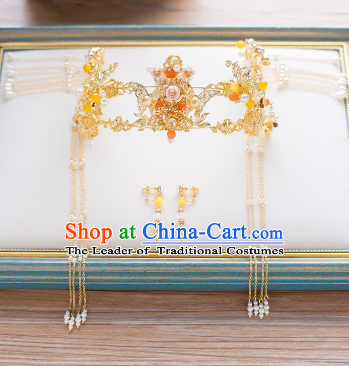 Chinese Traditional Palace Hair Accessories Xiuhe Suit Golden Butterfly Phoenix Coronet Ancient Hairpins Complete Set for Women