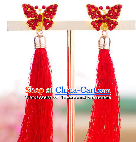 Chinese Ancient Bride Classical Accessories Earrings Wedding Jewelry Hanfu Red Crystal Butterfly Eardrop for Women