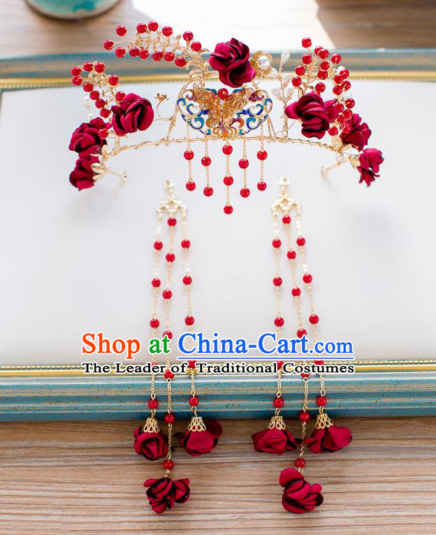 Chinese Traditional Palace Hair Accessories Ancient Xiuhe Suit Tassel Phoenix Coronet Hairpins Complete Set for Women