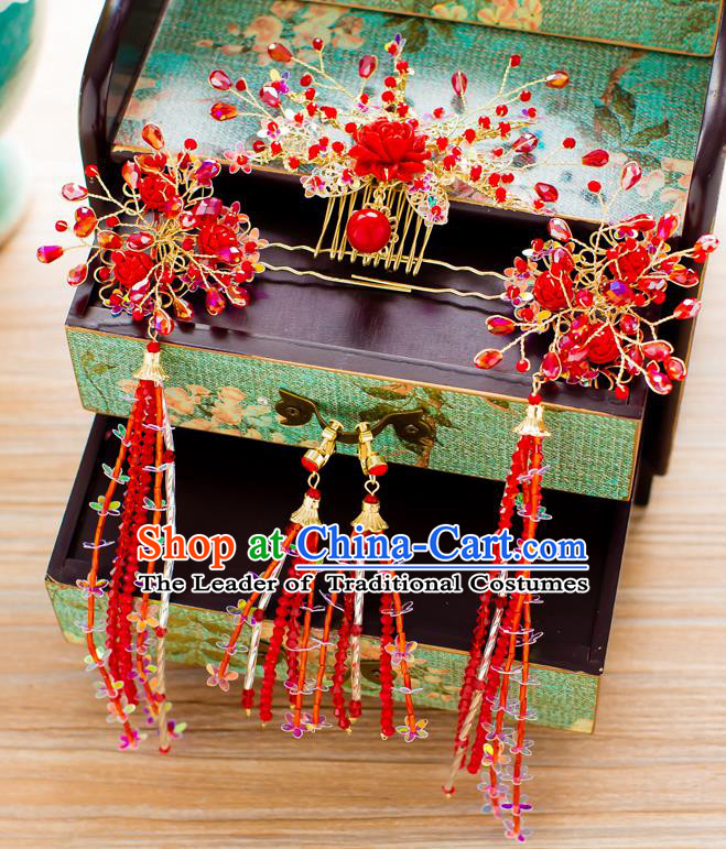 Chinese Traditional Palace Hair Accessories Ancient Xiuhe Suit Red Rose Phoenix Coronet Hairpins for Women